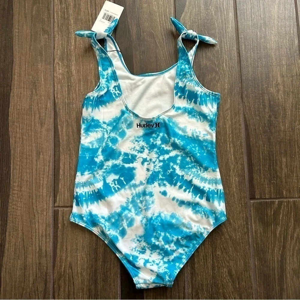 NWT Hurley Girls' Shoulder Tie One Piece Swimsuit in Blue Lagoon Sz L